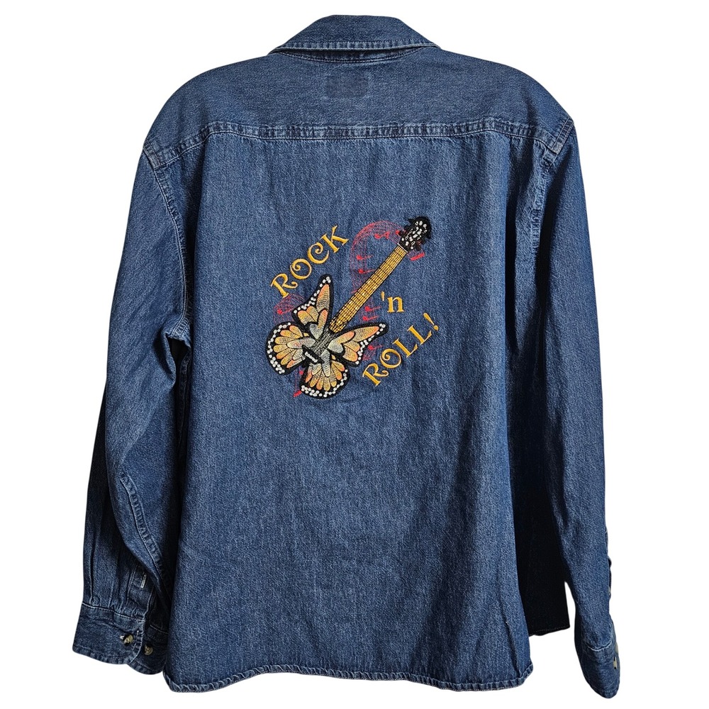 Indie Rock n Roll Butterfly Guitar Denim Shirt Women XL Blue Embroidered Top NWT